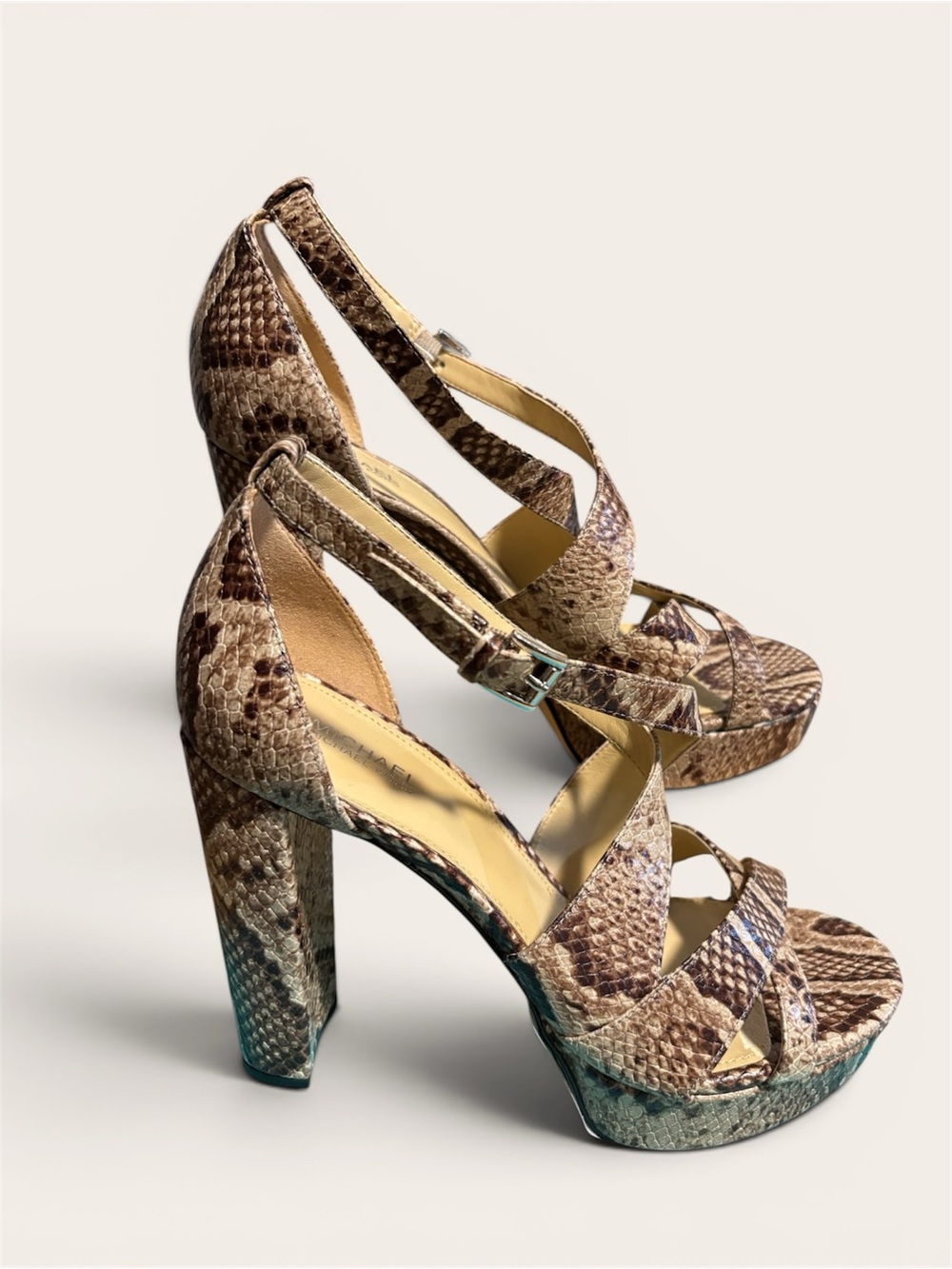New Michael Kors Brown Taupe Snake-Print Block Heel Sandals Women’s Size 8